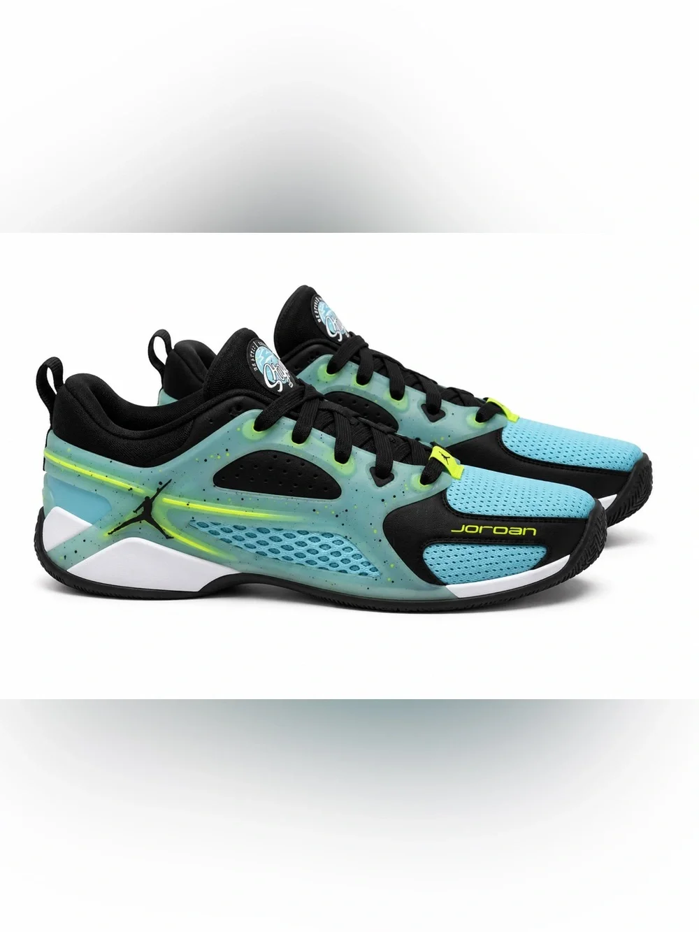Jordan MENS Blue Lagoon & Black Sneakers with Neon Yellow Accents